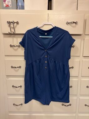 Women's Blue Button-Front V-Neck Short Sleeve Romper